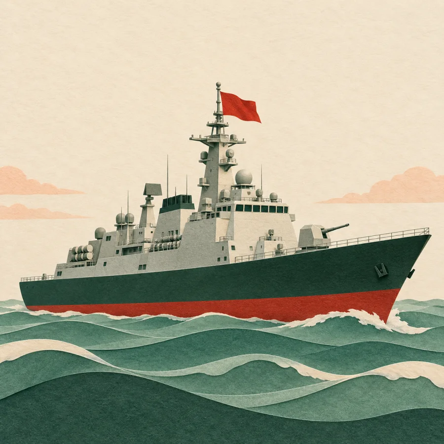 A large dark green ship sails on calm waves