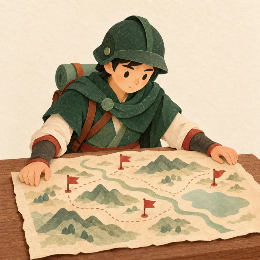 A person in a helmet studies a map with red flags