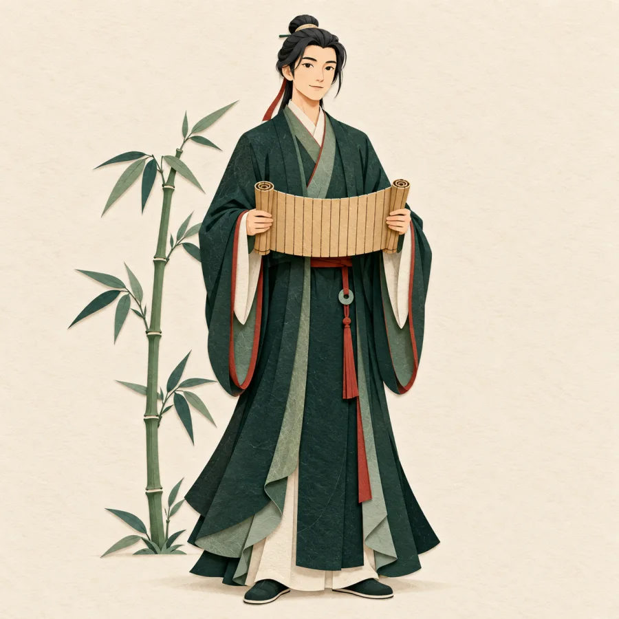 A person in a long green robe stands upright holding a scroll