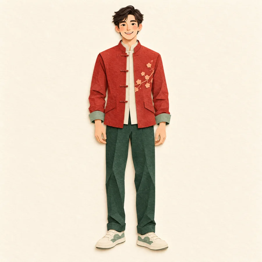 A young man in a red jacket stands straight and smiles