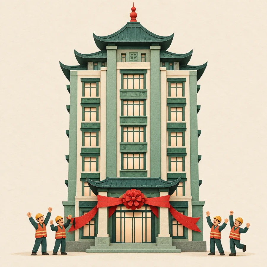 A finished building with a red ribbon and cheering workers