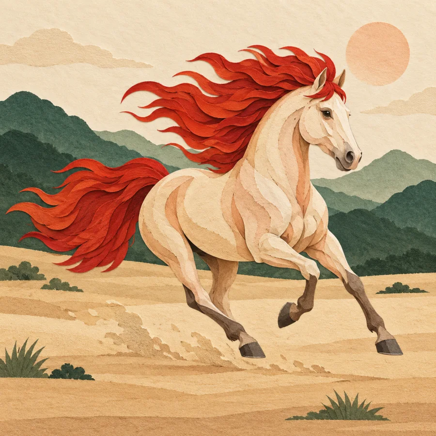 A horse with a red mane gallops across a plain