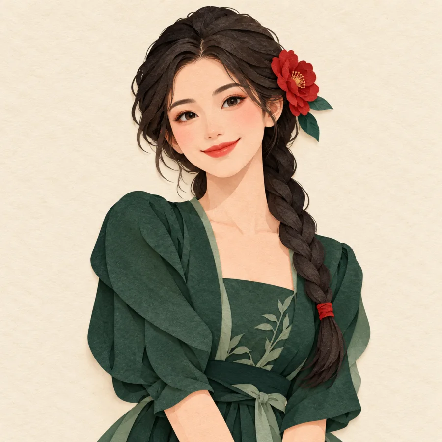 A young woman with a braid and a red flower smiles gently