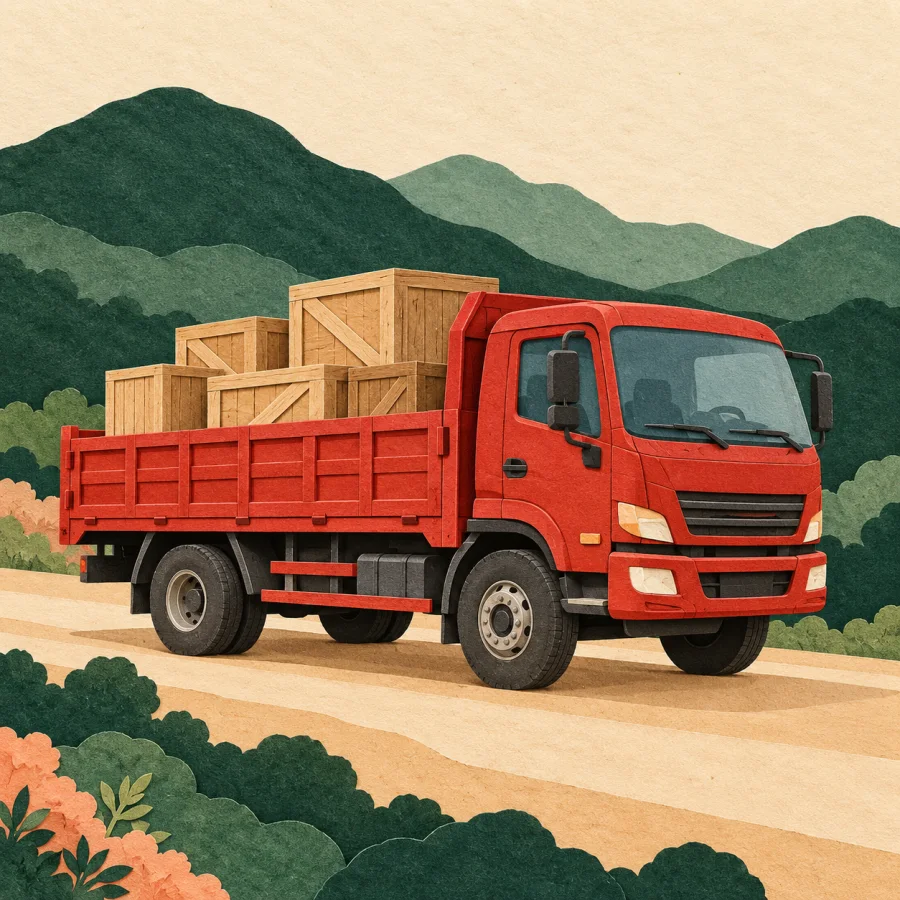 A red truck loaded with crates drives along a road