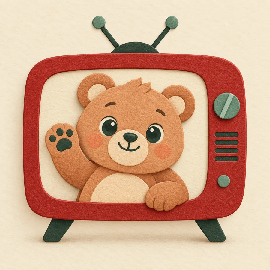 A round cartoon bear waves from a television screen