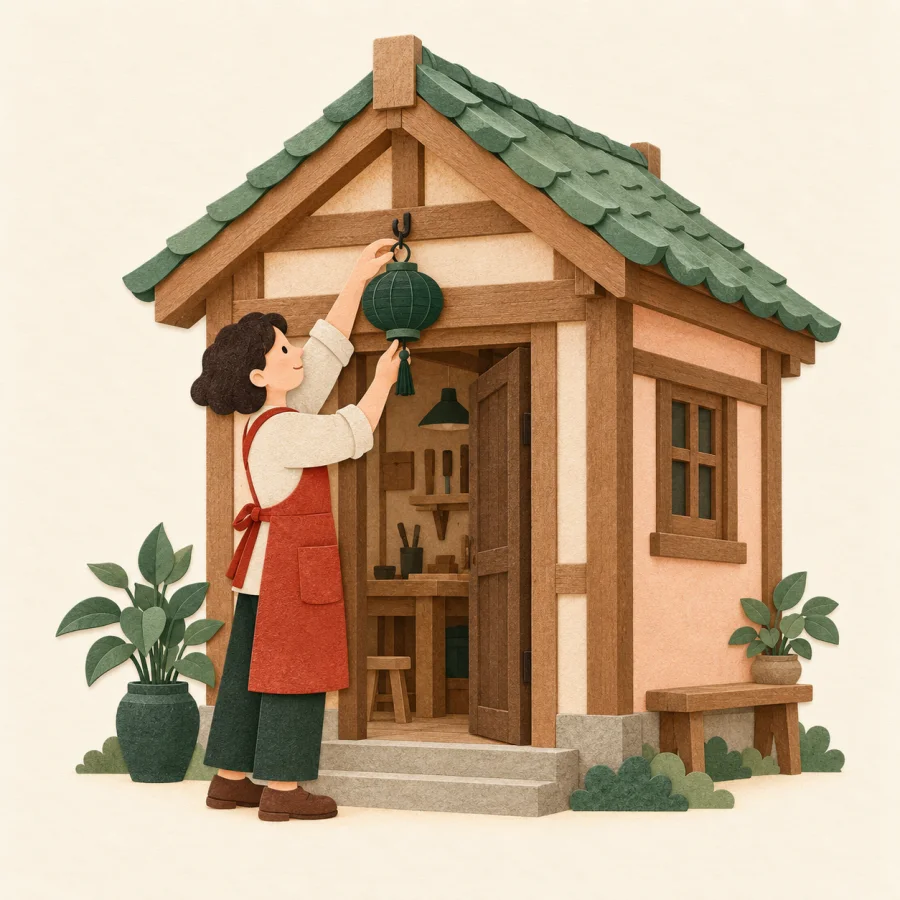 A person hangs a lantern above a new workshop door