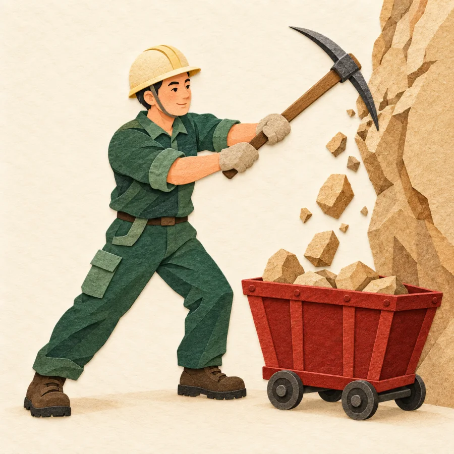 A worker in a hard hat chips rock into a red cart