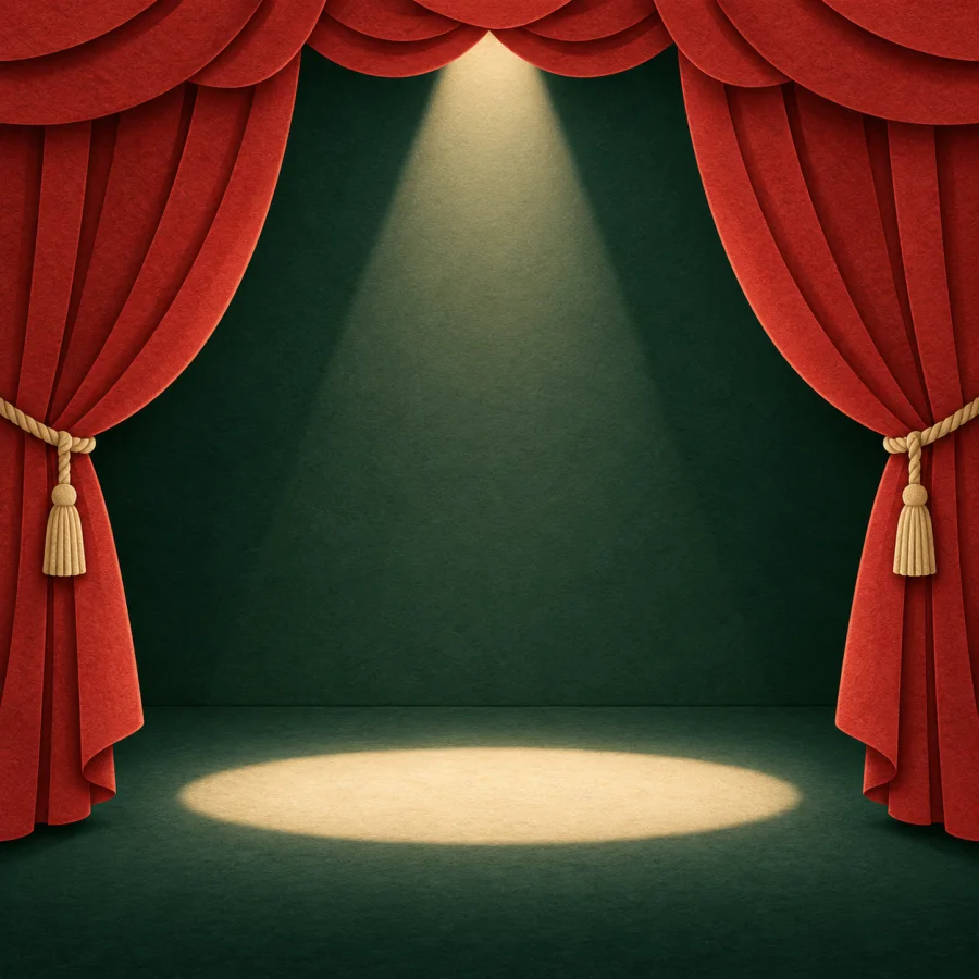 A red curtain opens on an empty stage with one spotlight