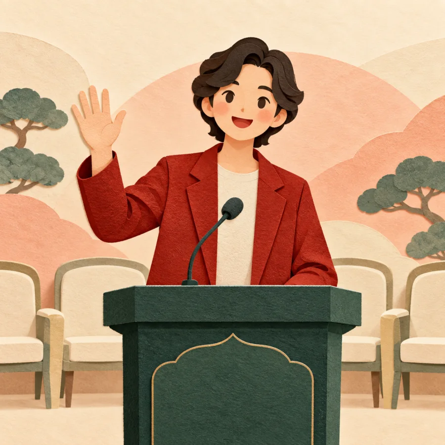 A speaker at a podium raises a hand in greeting
