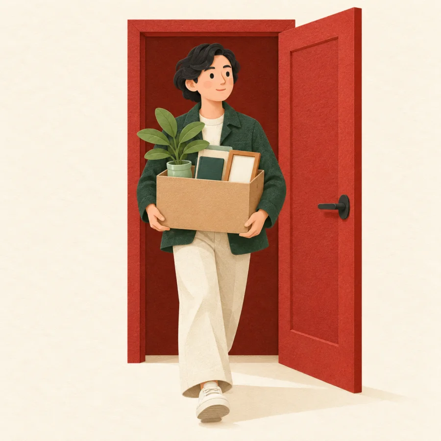 A person carries a box of belongings out of an office door