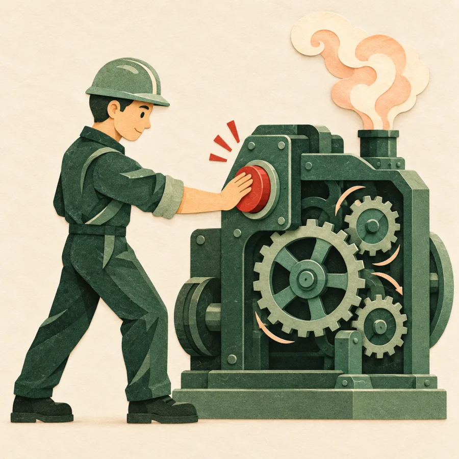 A worker presses a red button and a machine starts turning