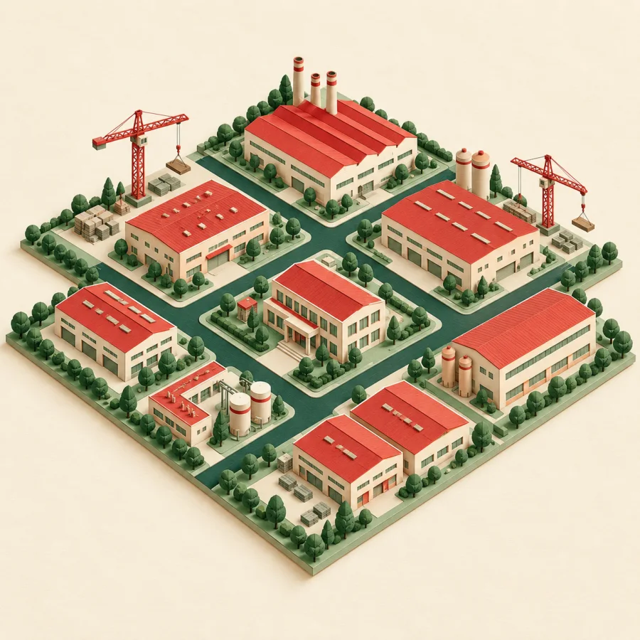 Rows of new factories with red roofs and a few cranes
