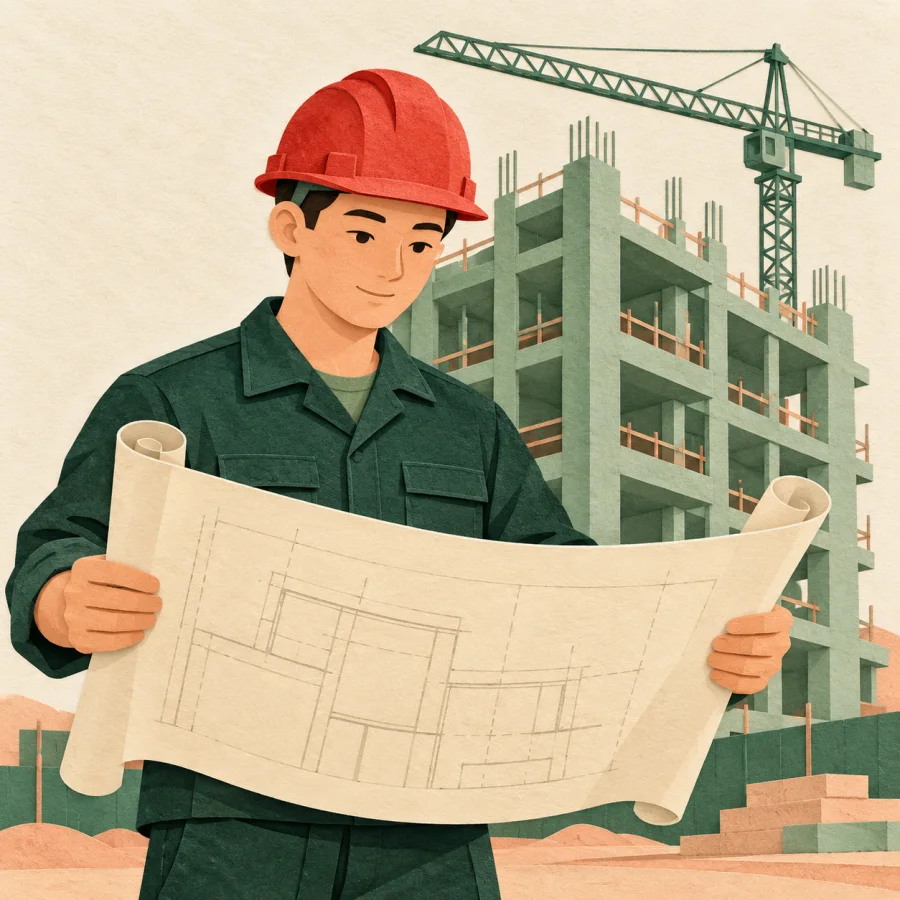 A person unrolls a plan before a half-built block with a crane