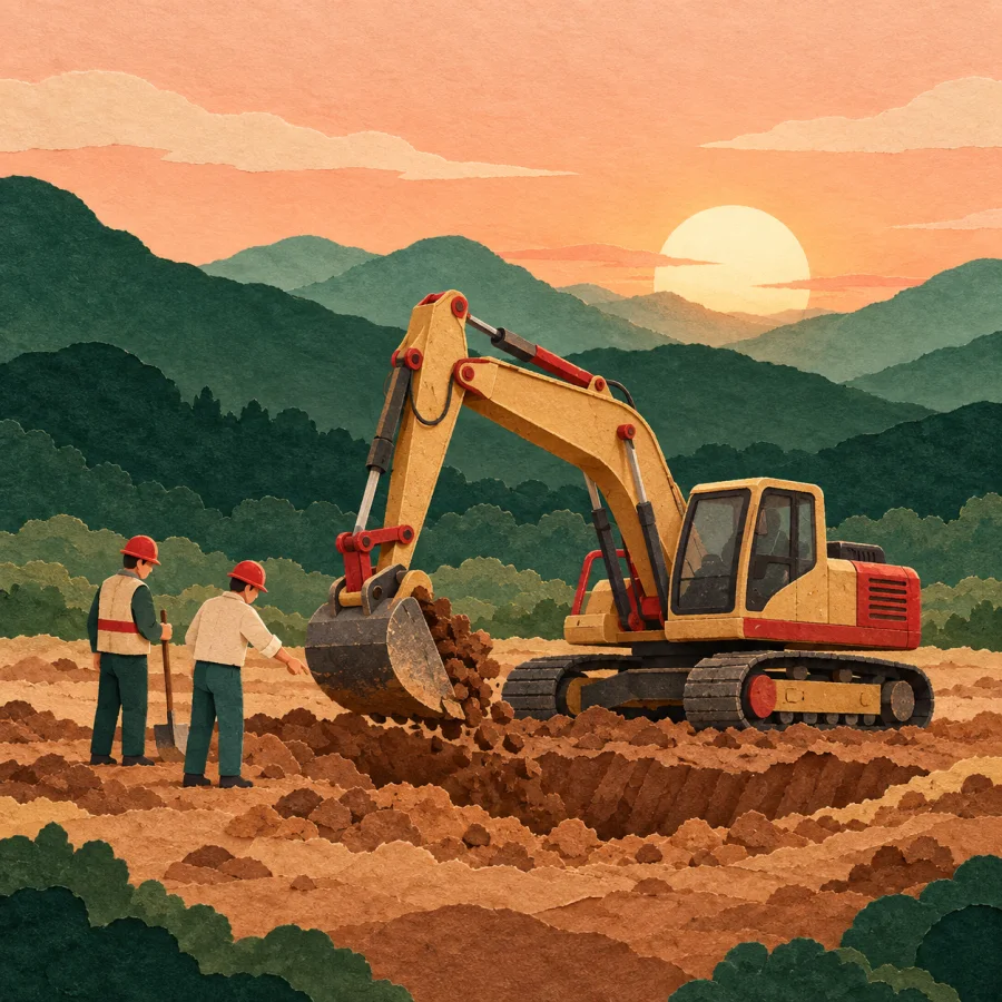 An excavator and two workers start digging at sunrise