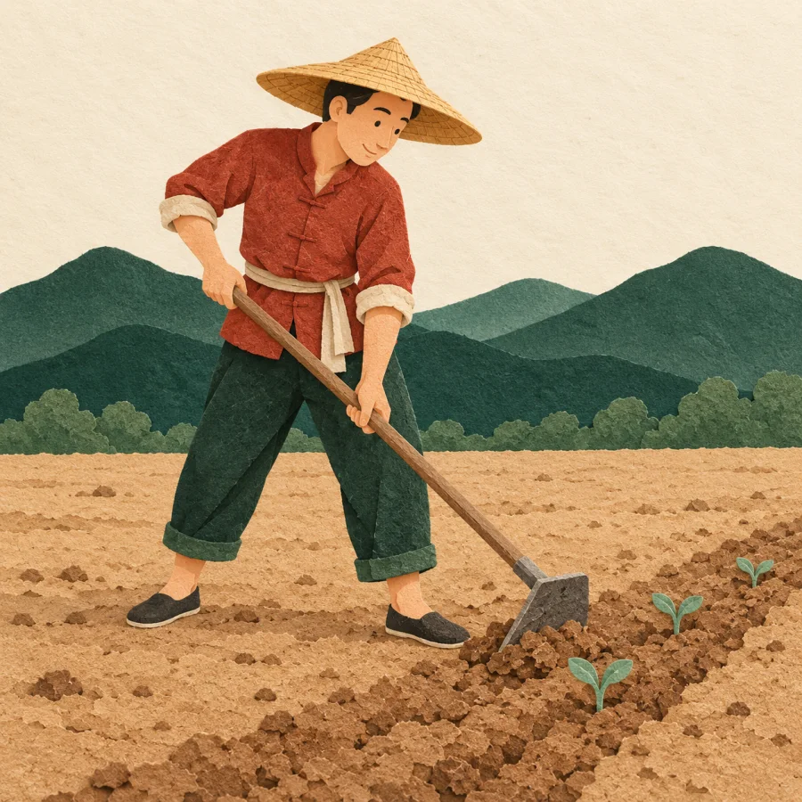A farmer hoes bare soil with seedlings in one furrow