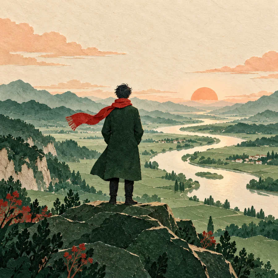 A person on a hilltop looks over a wide valley with a river