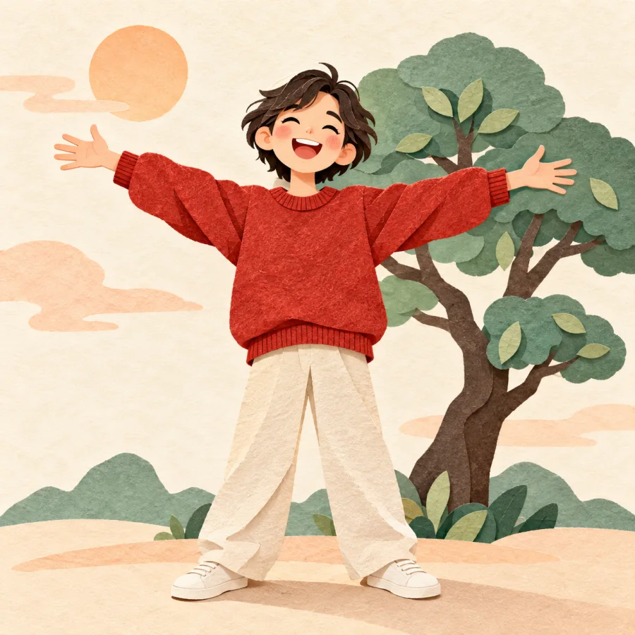 A person with a wide smile and open arms in the sunshine