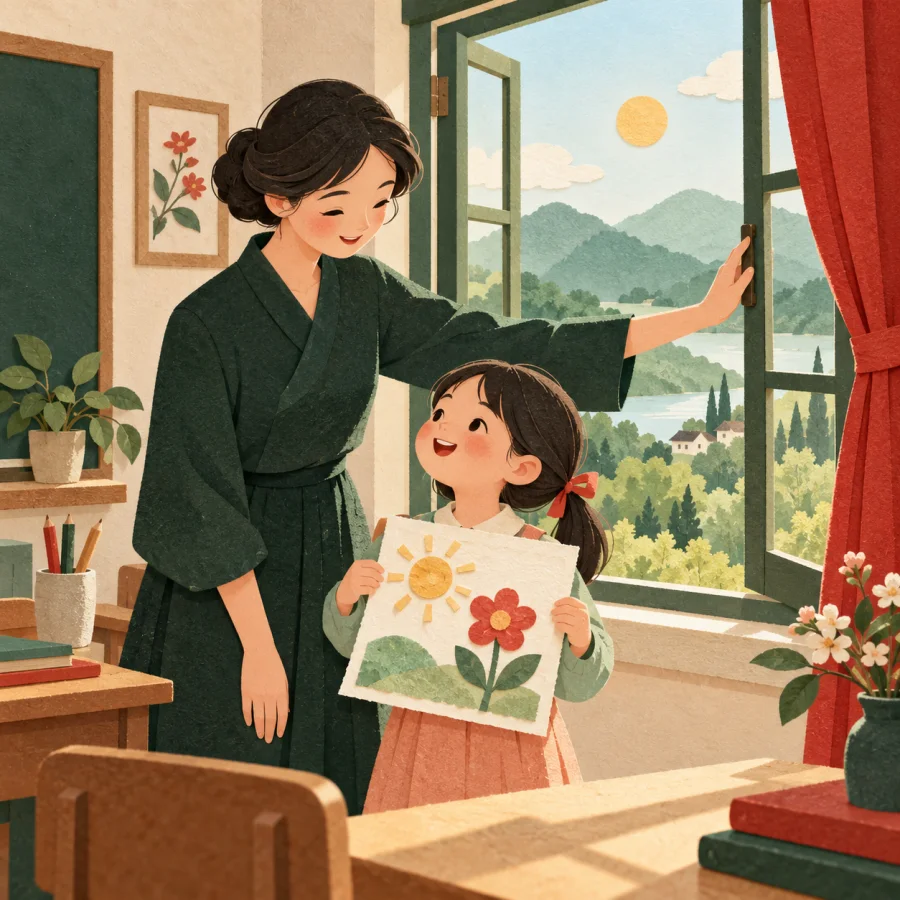 A teacher opens a wide window as a child shows a drawing
