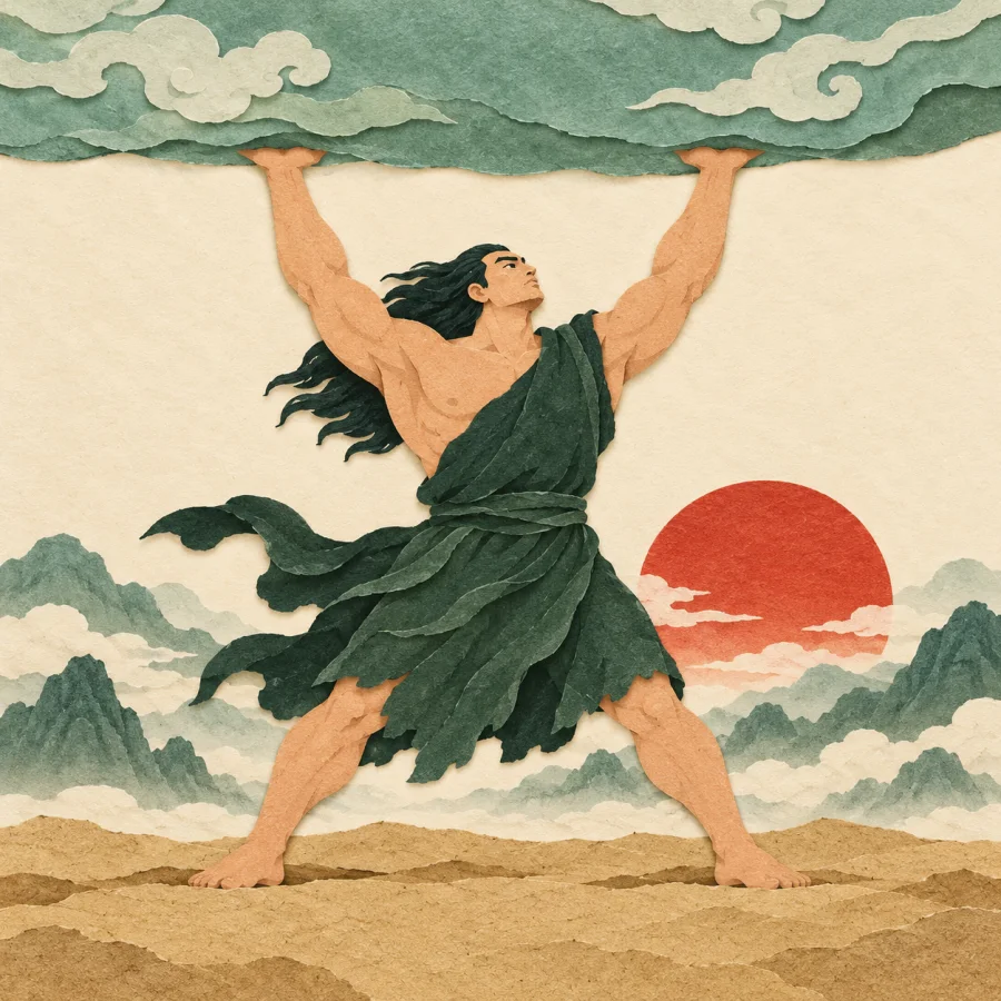 A giant pushes sky and earth apart as a red sun rises