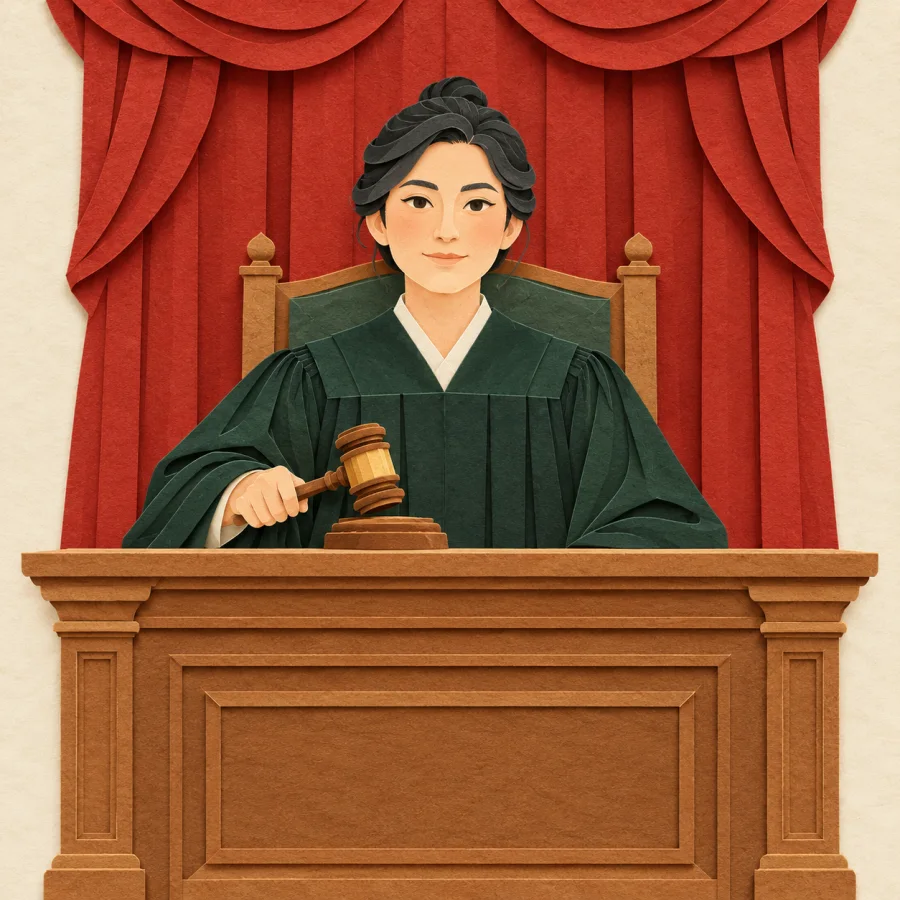 A judge behind a tall bench taps a gavel