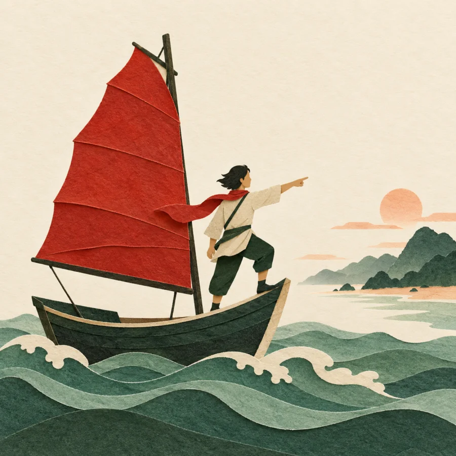 A person on a boat's bow points at a distant new shore