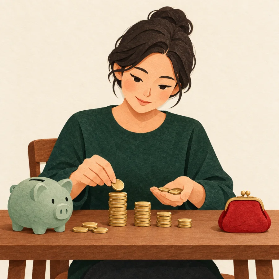 A person at a desk counts coins into stacks beside a piggy bank