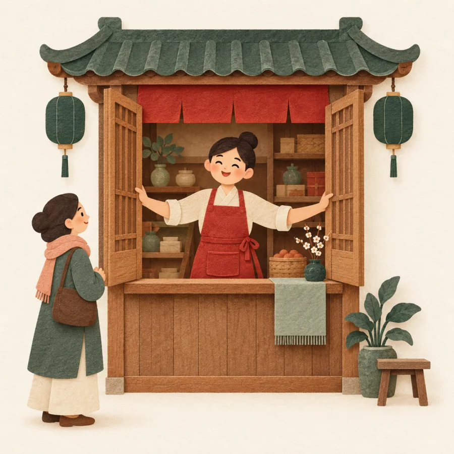 A shopkeeper opens the shutters of a small shop