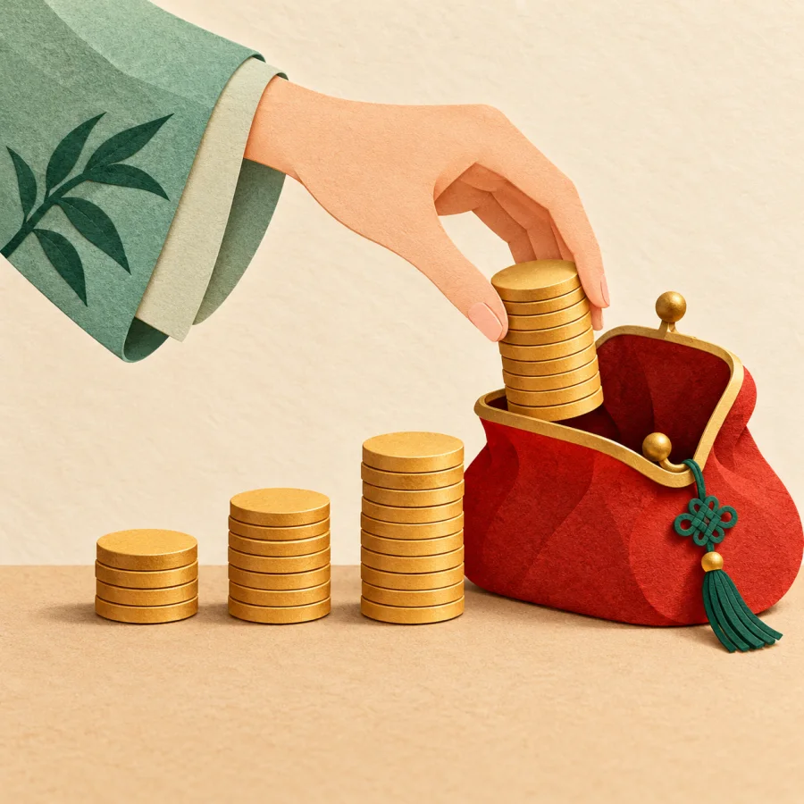 A hand moves the tallest coin stack into a red purse