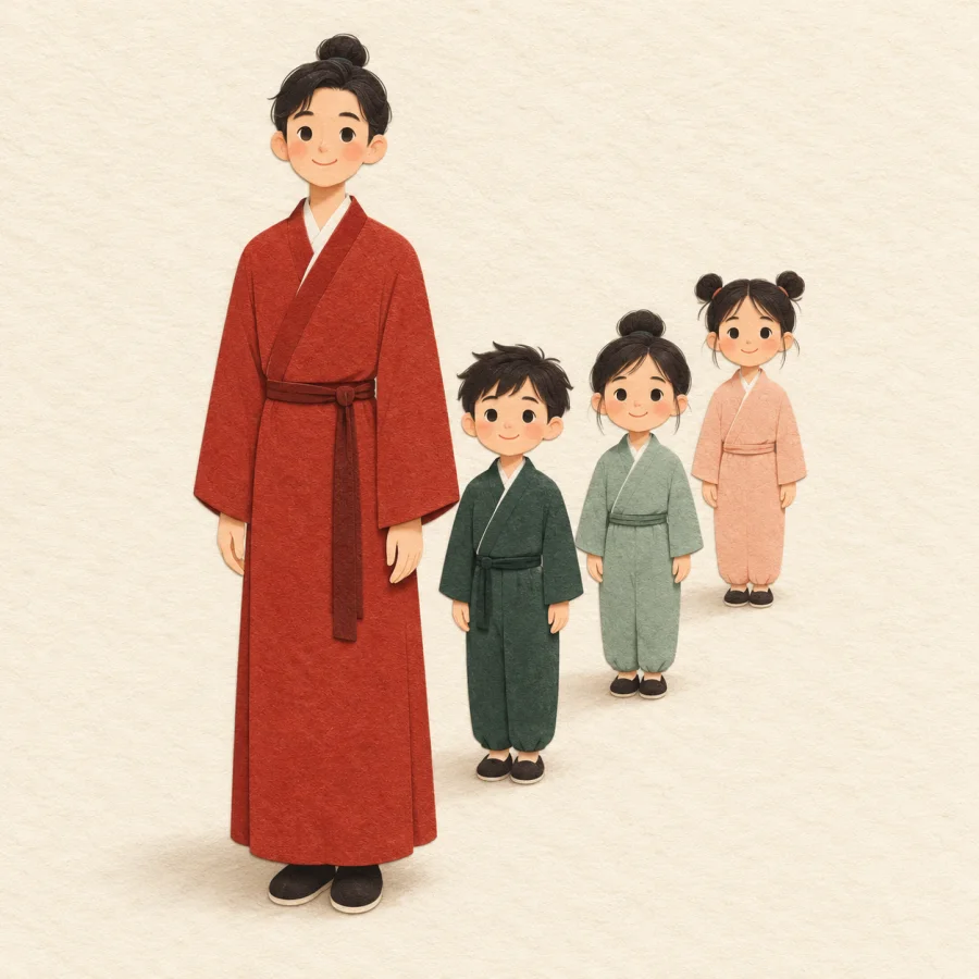 A tall person stands in front as three children copy the pose