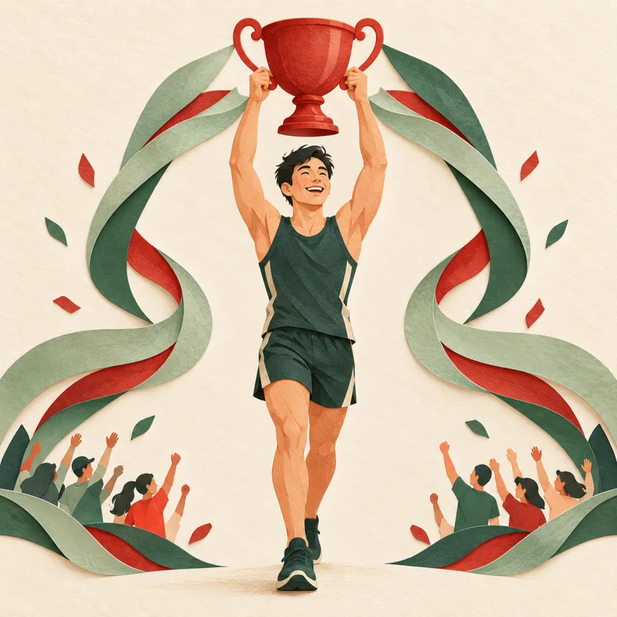 An athlete with a red cup walks under an arch of cheering fans