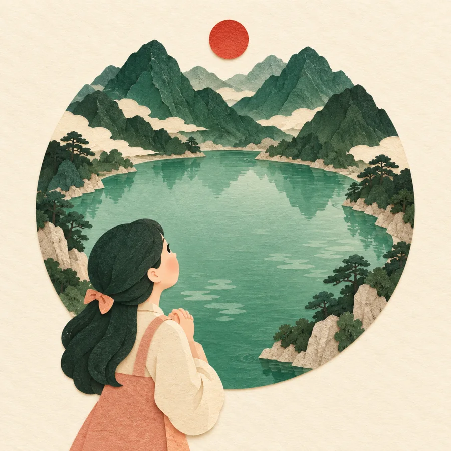 A person gazes in admiration at a perfect lake among mountains