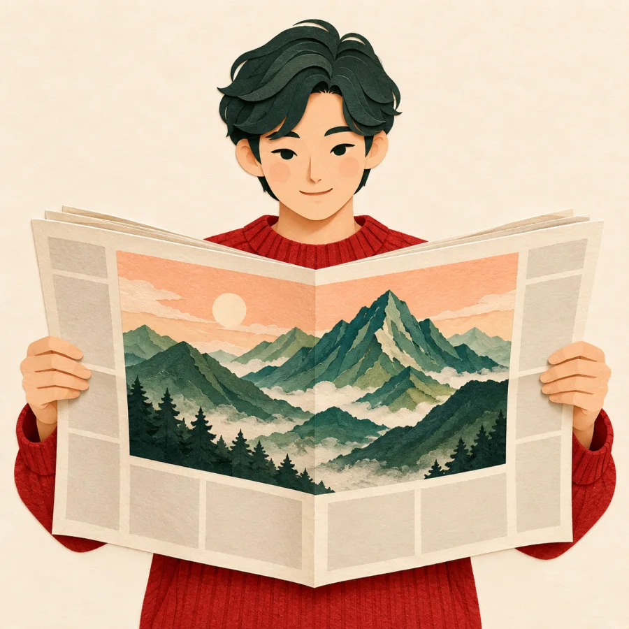 A person holds up a newspaper with a large mountain photo