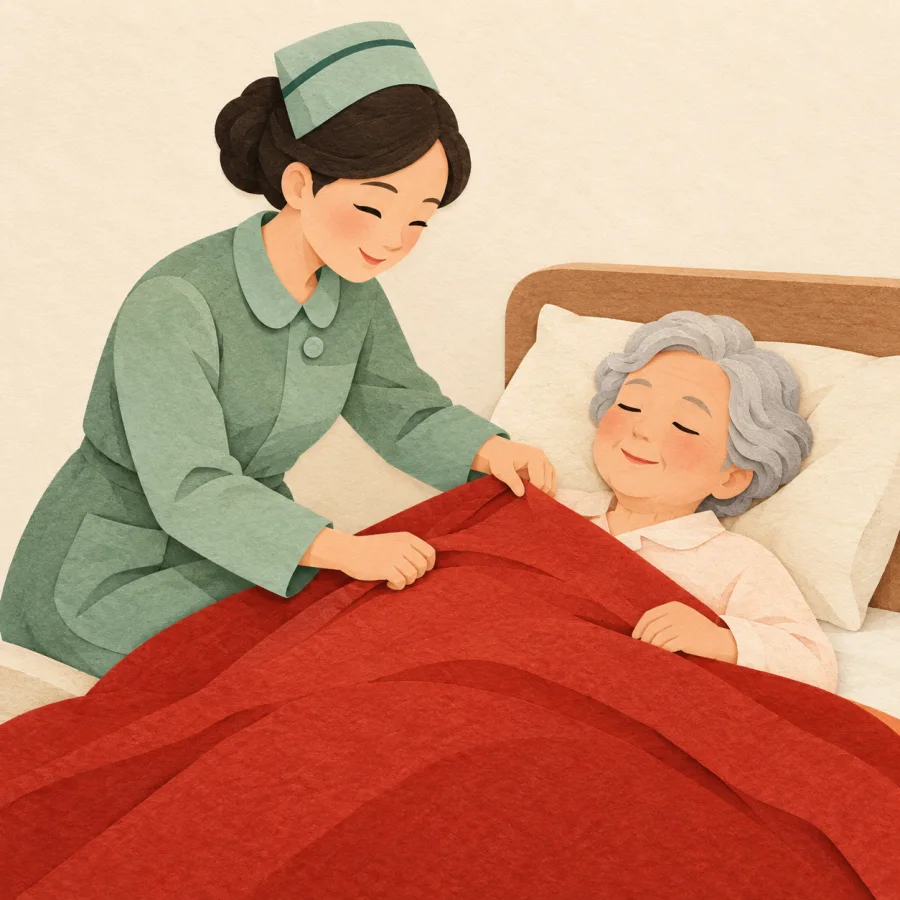 A nurse sits by a bed and tucks in a sleeping elder