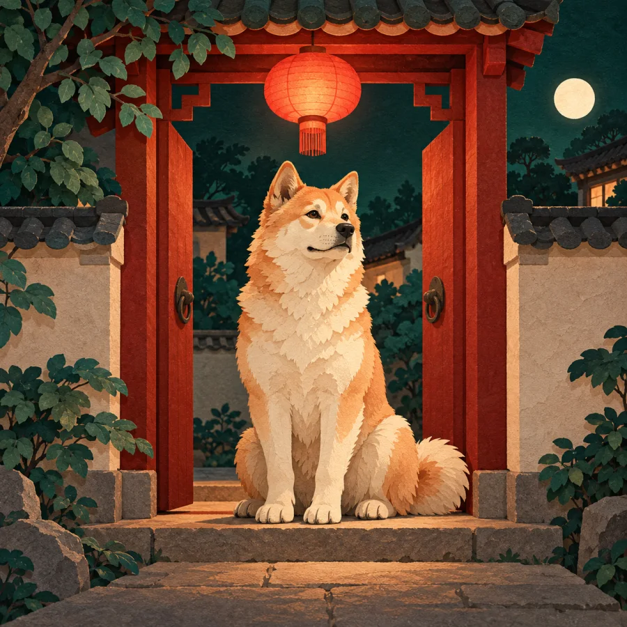A big dog sits guarding a courtyard gate at night