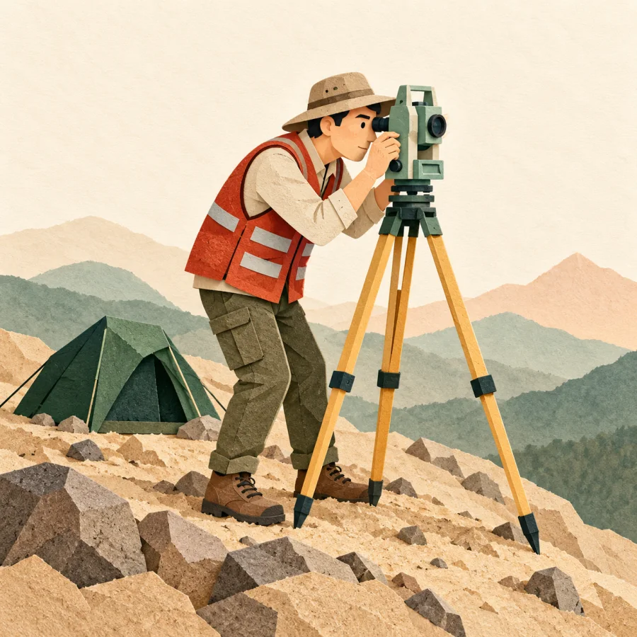 A surveyor looks through an instrument on a rocky hillside