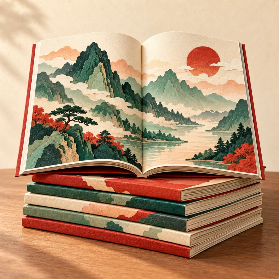 A stack of colorful magazines, one open to a mountain picture
