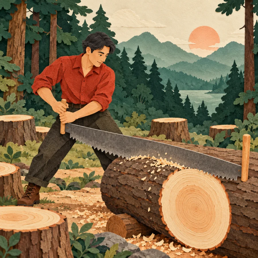 A person saws a thick trunk beside fresh stumps