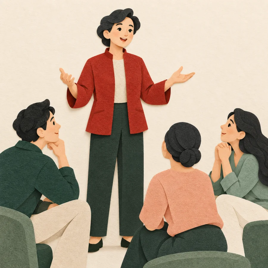 A speaker gestures confidently before three listeners