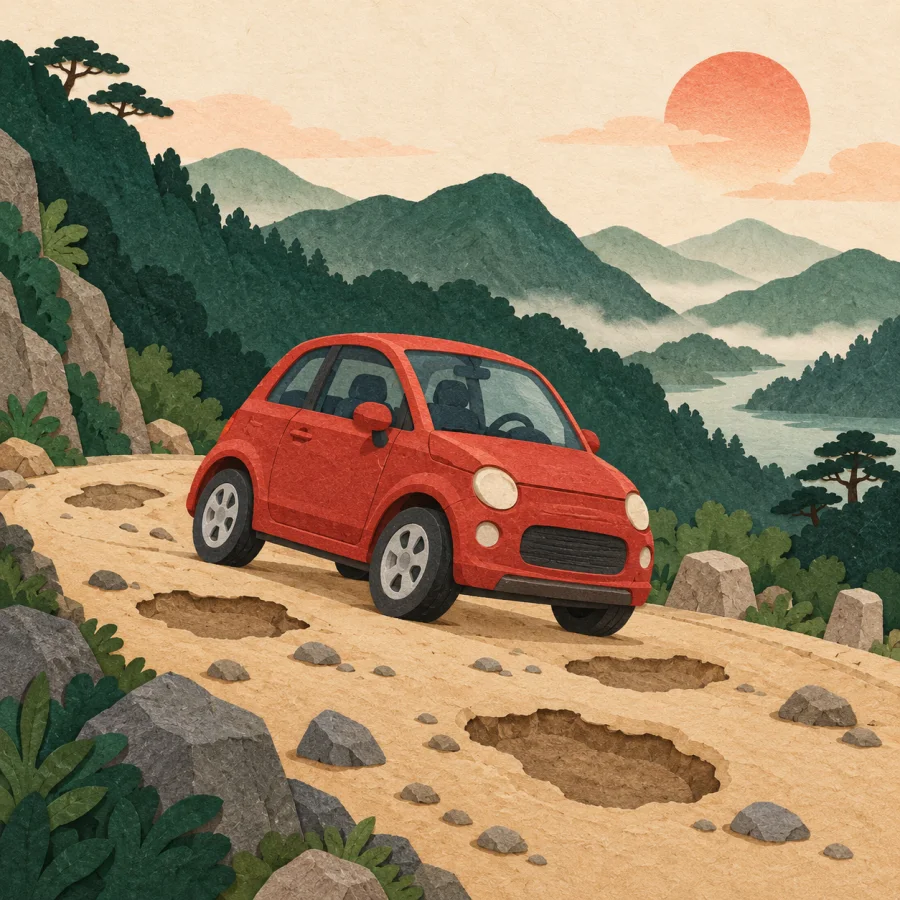 A red car drives along a bumpy mountain road