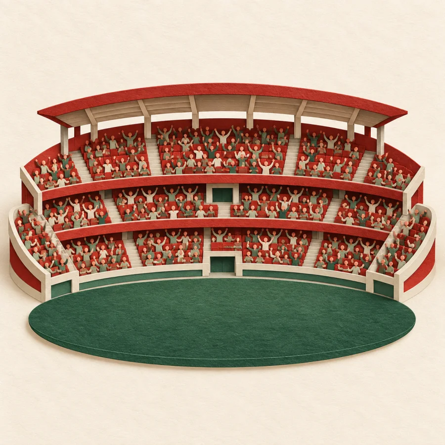 Tiered red seats filled with fans above a green field