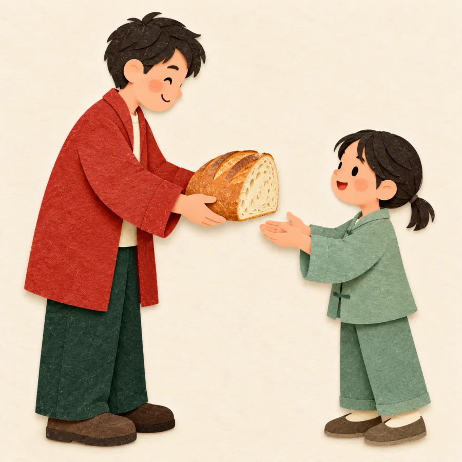 A person shares half a large loaf with a smaller person
