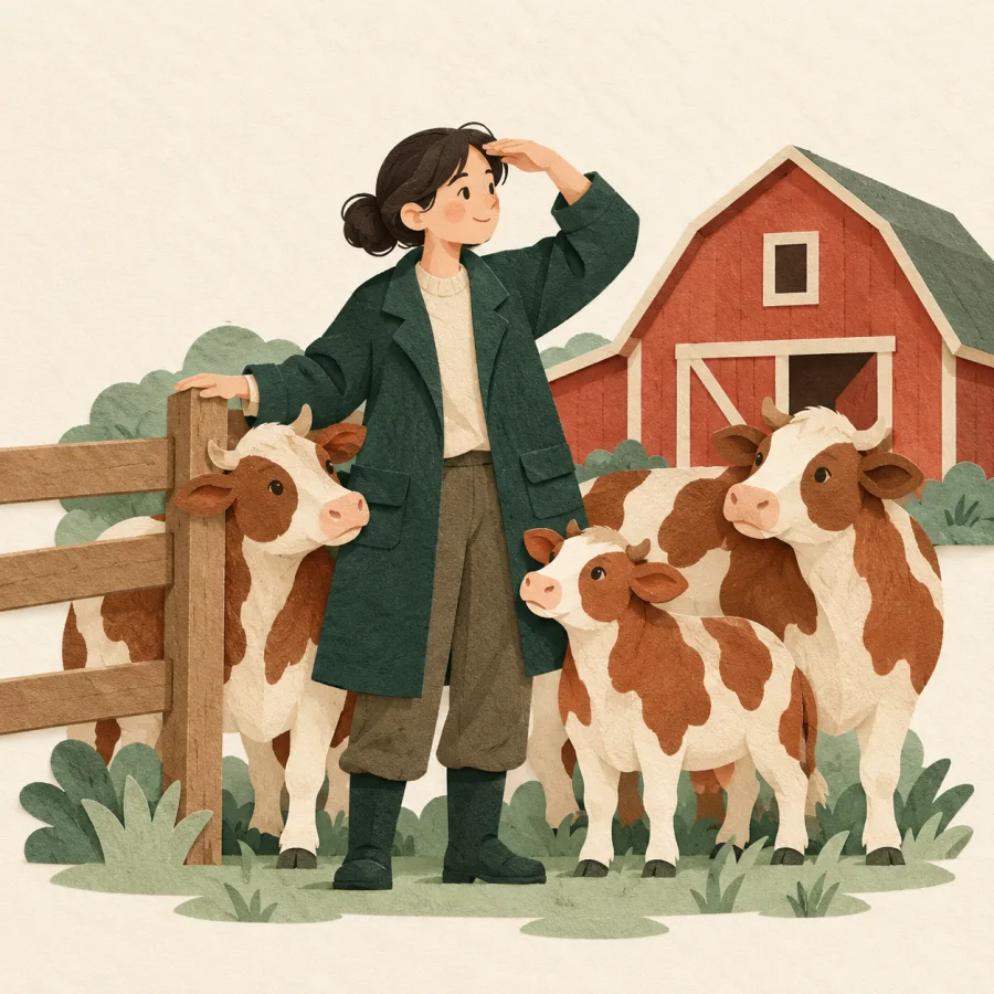 A person beside a fence watches over a small herd of cows