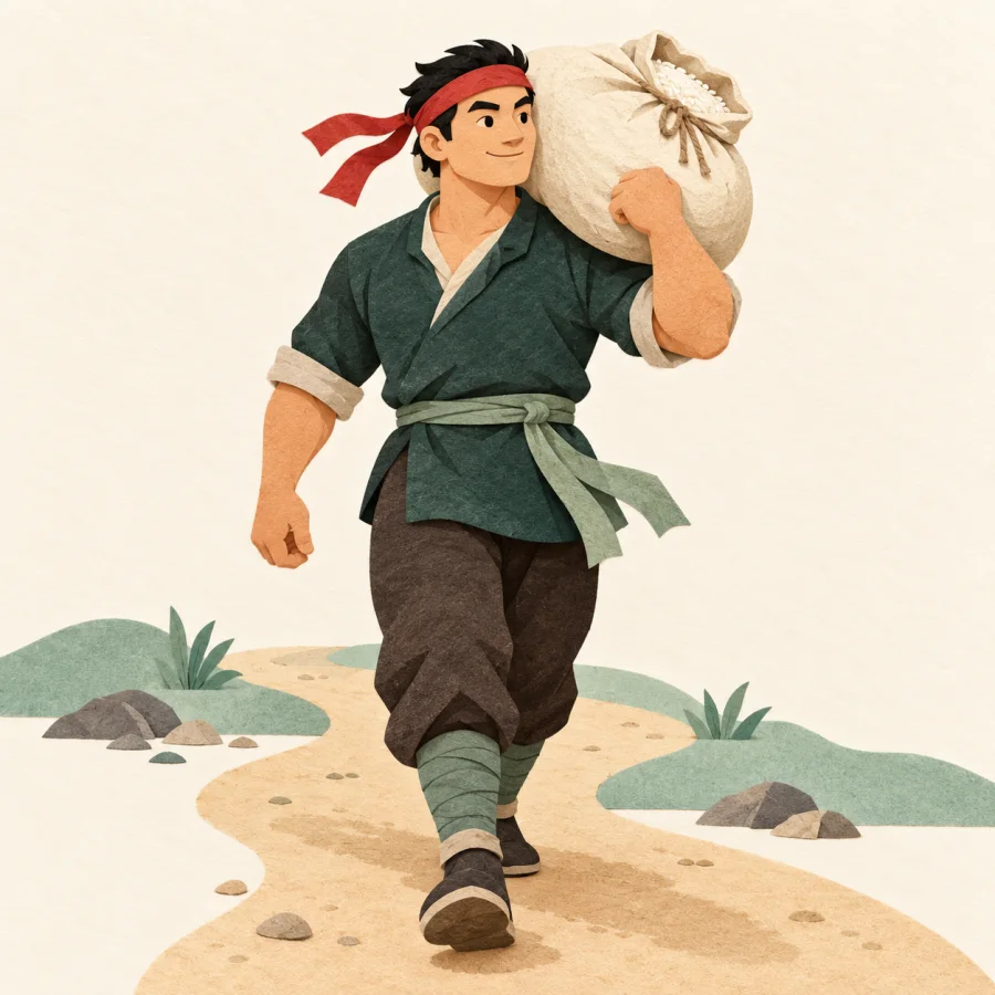 A strong person carries a big sack of rice on one shoulder