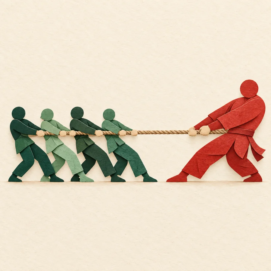 A tug of war: several small people against one large figure