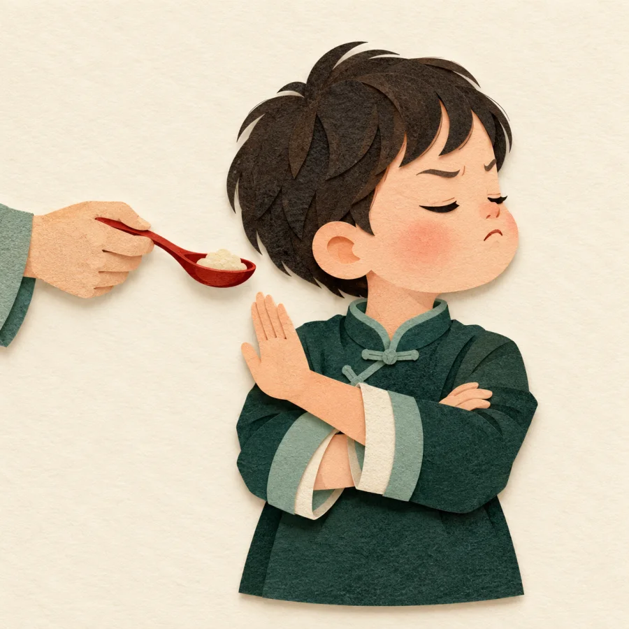 A child turns away and pushes aside a spoon of medicine