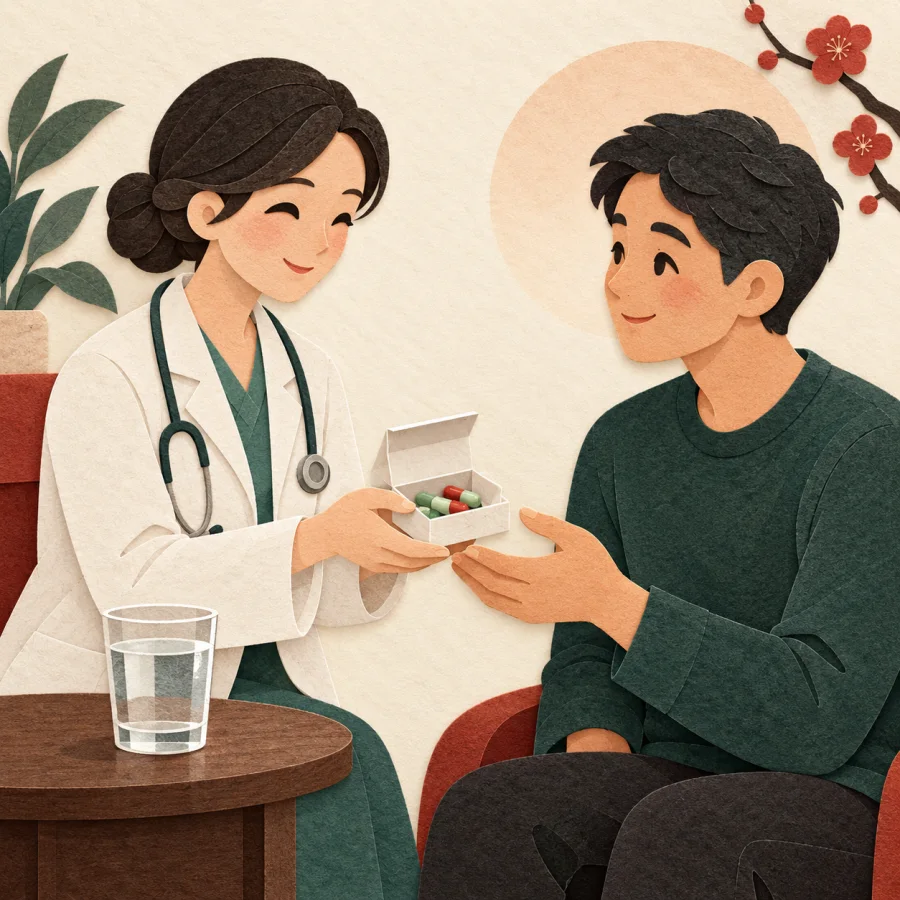 A doctor hands over a box of capsules beside a glass of water