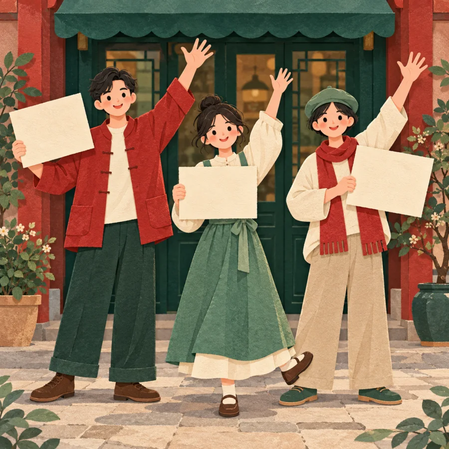 Three people raise blank placards in front of a shop