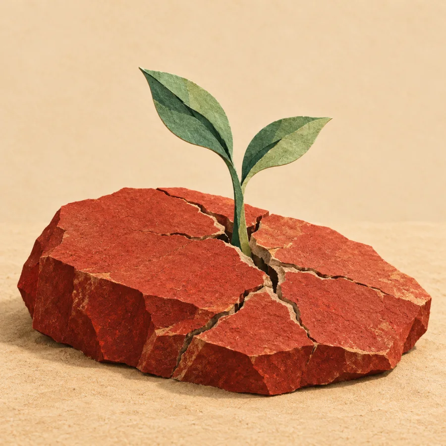 A green sprout pushes up through a crack in a red stone slab