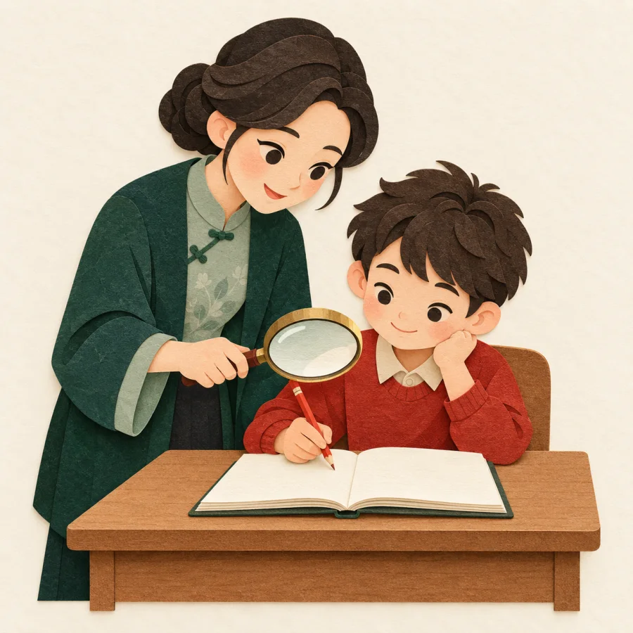 A teacher examines a student's notebook with a magnifying glass