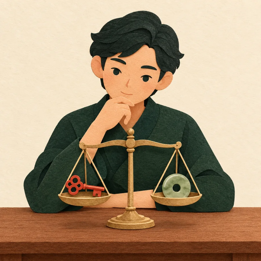 A person at a table studies a small scale with a key and a coin